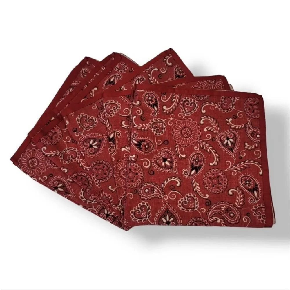 NEW Vintage Handmade 5 PC Red Paisley Handkerchief Cloth Dinner Napkins